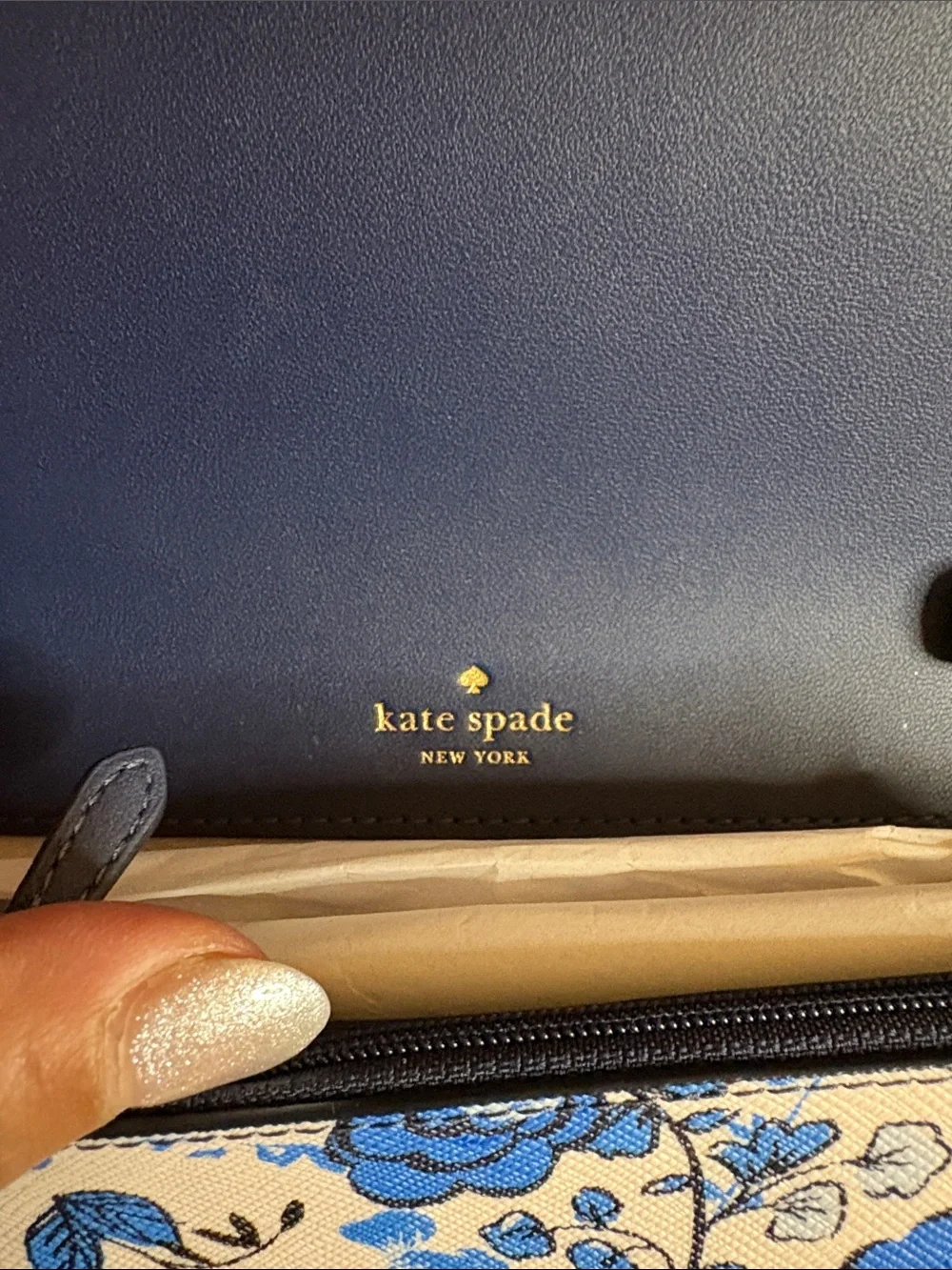 kate spade Blue and Black Vase Floral Crossbody wallet on a string Perry